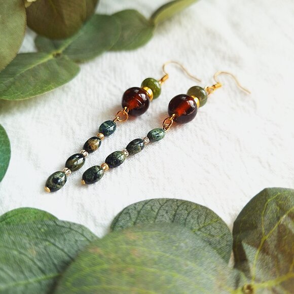 Kambaba Jasper & Tourmaline Earrings – Boho Witchy Dangle Earrings, Whimsigoth - Picture 8 of 9